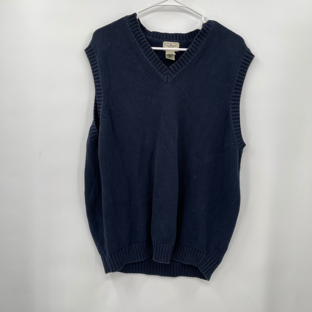 LLBean Mens V Neck Sleeveless Sweater Vest Navy Blue Size LG REG Cotton